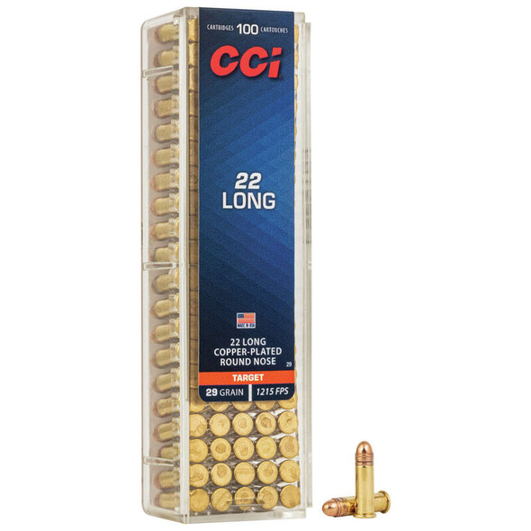 CCI 22 Long Ammunition: 22 Long, 29 gr, Copper Plated Round Nose Rimfire, 1215 fps, Model 29