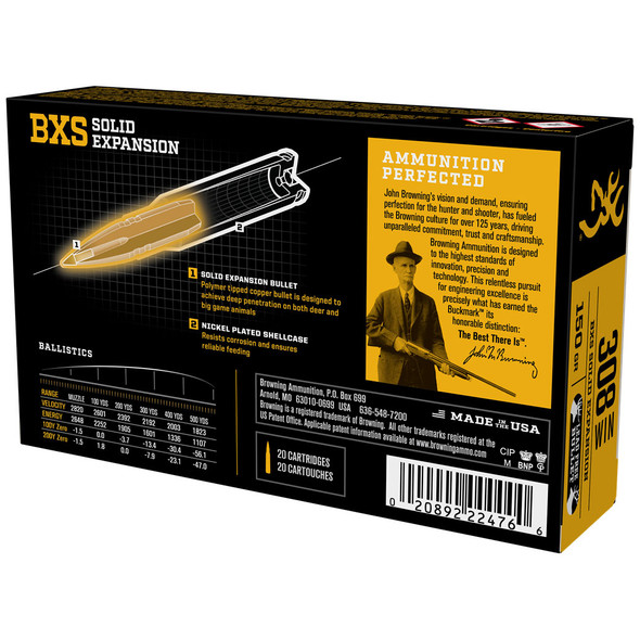 Browning BXS Copper Expansion Ammunition - 308 Win, 150 gr, Polymer Tipped, 2820 fps, Model B192403081