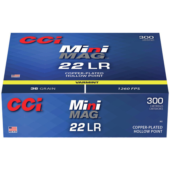 CCI Mini-Mag HP Ammunition: 22 LR, 36 gr, CPHP, 1260 fps, Model 962