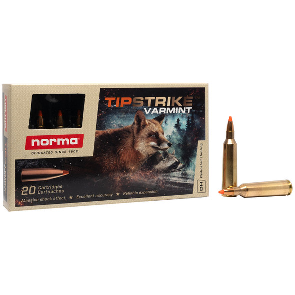 Norma TIPSTRIKE Varmint Ammunition - 22-250 Rem, 55 gr, Polymer Tipped, 3576 fps, Model 20157372
