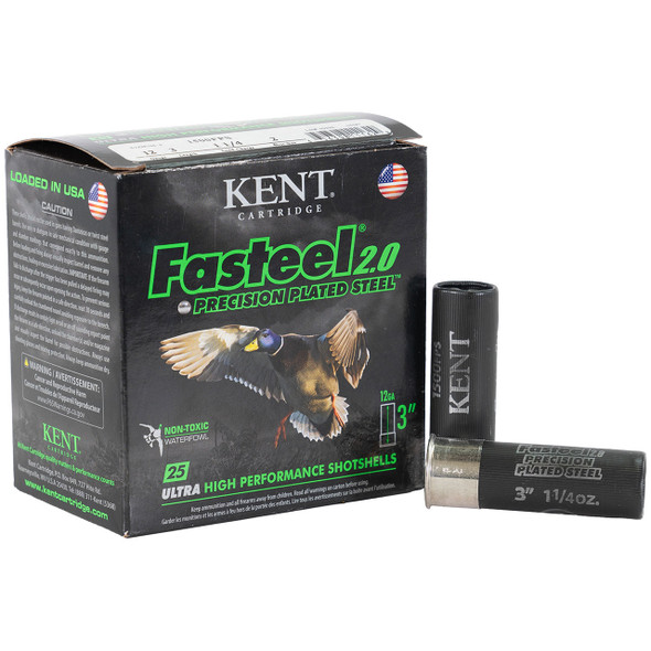 Kent Fasteel 2.0 Precision Plated Steel Waterfowl Ammunition - 12 Gauge, 3", #2, Steel, 1-1/4 oz, 1500 fps, Model K123FS36-2