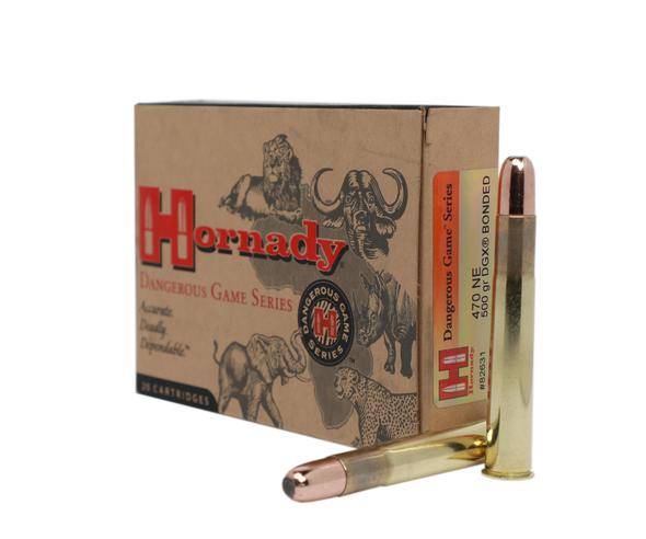 Hornady Dangerous Game Ammunition: 470 Nitro Express, 500 Grain, DGX Bonded, 2150 fps