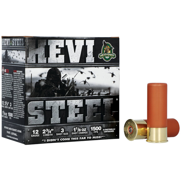 HEVI-Shot HEVI-Steel Ammunition: 12 Gauge, 2-3/4", #3, Steel, 1-1/8 oz, 1500 fps, Model HS61223