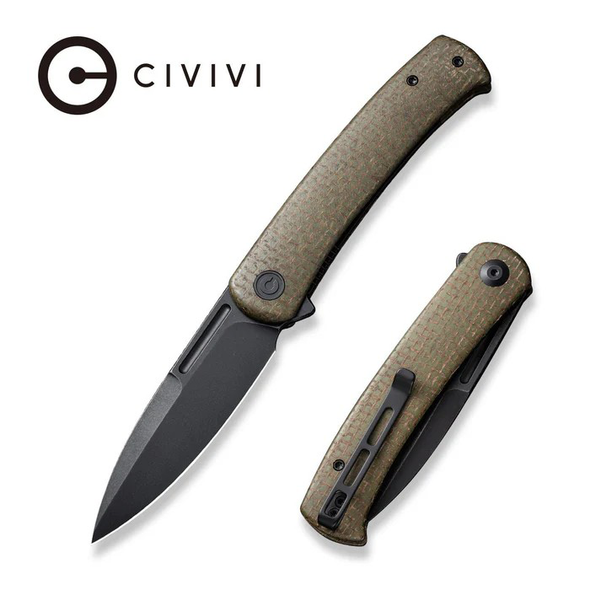 CIVIVI Caetus Knife: 3.48", Plain Edge, Black Stonewashed Blade, Green Burlap Micarta Handle, Model C21025C-3