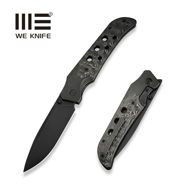 WE Knife WE-Guthrie Knife: 3.94", Drop Point, Plain Edge, Black Stonewashed Blade, Titanium w/ Rose CF Handle, Model WE23072B-1
