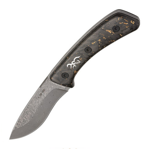 Browning 2025 Medallion Knife: 3.5" Damascus Blade, Carbon Fiber w/ Brass Flakes Scales, Model 3220570B
