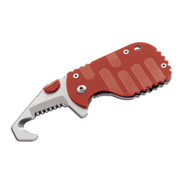Boker Rescom Red Rescue Tool: 1.81" AUS-8 Hook w/ Serrated Edge, Red Synthetic Handle, Model 01BO584
