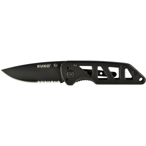 RUKO Knives Knife: 2 1/2", Plain & Serrated, Black Blade, Vented Handle, Model RUK0162
