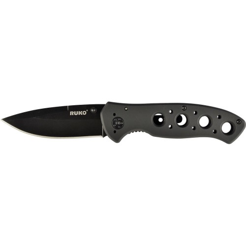 RUKO Knives Knife: 3 1/4", Plain Blade, Black, Rubberized Aluminum Vented Handle, Model RUK0075BK