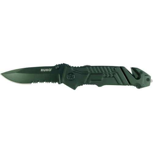 RUKO Knives Knife: 3 1/4", Plain & Serrated, Blade, Black, Rubberized Handle, Model RUK0144S