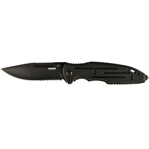 RUKO Knives Knife: 3 1/2", Plain & Serrated, Blade, Black, Rubberized Handle, Model RUK0153