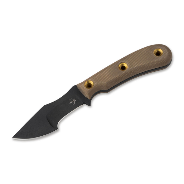 Boker Micro Tracker Knife: 3.54", 1095, Black Blade, Brown Micarta Scales, Kydex Sheath, Model 02BO076