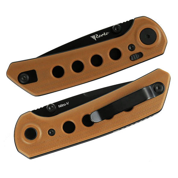 Reate PL-XT Knives: 3", Nitro-V, Drop Point, Plain Edge, Black PVD Blade, Tan G10 Handle, Model REA137