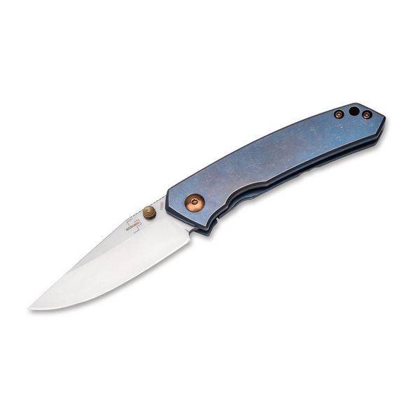 Boker Canoe Knife: 2.68", S35VN, Drop Point, Plain Edge Blade, Blue Titanium Handle, Model 01BO494