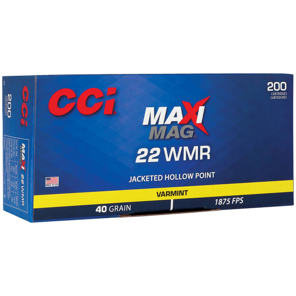 CCI Maxi-Mag Ammunition: 22 WMR, 40 gr, Jacketed Hollow Point, 1875 fps, Model 958