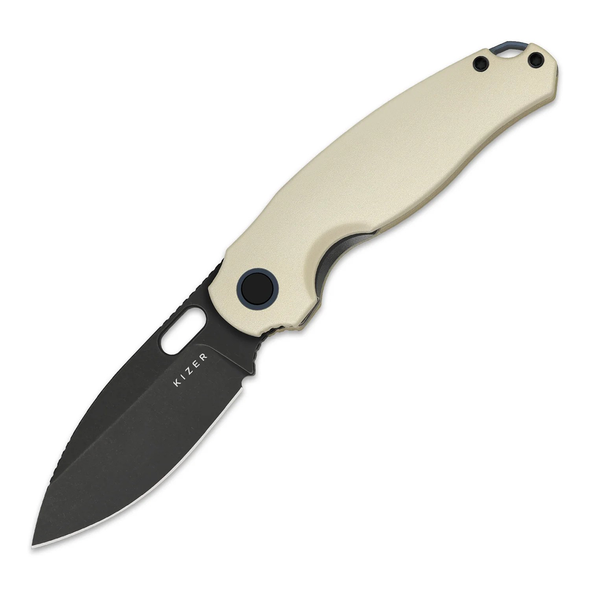 Kizer Knives Seagull Knife: 2.9", Plain Edge, Drop-Point, Black Stonewash Blade, Ivory Aluminum Handle, Model V3770A3