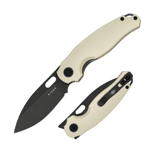 Kizer Knives Seagull Knife: 2.9", Plain Edge, Drop-Point, Black Stonewash Blade, Ivory Aluminum Handle, Model V3770A3