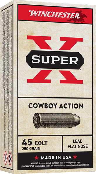 Winchester Super-X Ammunition: 45 Colt, 250 Grain, Cowboy Action Lead Flat Nose, 750 fps