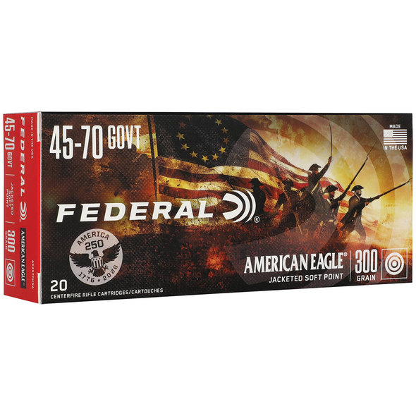 Federal American Eagle Ammunition: 45-70 Govt, 300 gr, Jacketed Soft Point, 1850 fps, Model AE4570USA