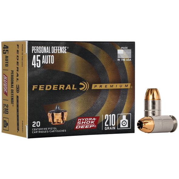 Federal Personal Defense HSD Ammunition: 45 ACP, 210 gr, Hydra-Shok Deep JHP, 980 fps, Model P45HSD1