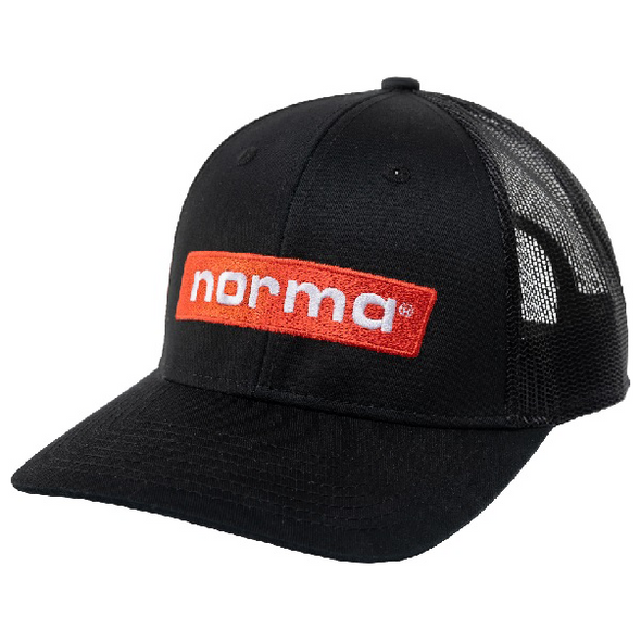 Norma Trucker Hat: Black Mesh Back w/ Logo