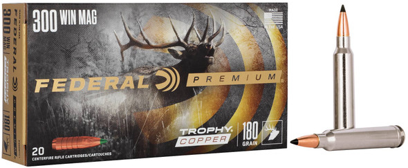 Federal Trophy Copper Ammunition: 300 Win Mag, 180 Grain, Trophy Copper, 2960 fps, Qty: 20