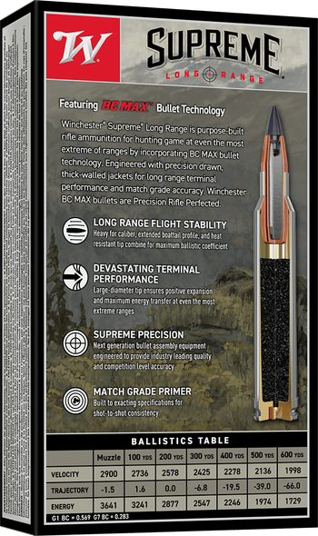 Winchester Supreme Long Range Ammunition: 300 Winchester Magnum, 195 Grain, BC MAX, 2900 fps