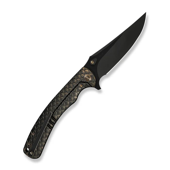 WE Knife Dracarys Flipper & Thumb Stud Knife Bronze & Black Titanium Handle (3.58" Black Stonewashed Bevels, Black Brushed Flats Bohler M390 Blade) Model WE25061B-4