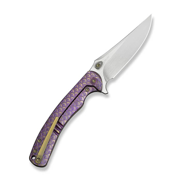 WE Knife Dracarys Flipper & Thumb Stud Knife Purple & Golden Titanium Handle (3.58" Hand Rubbed Satin Bohler M390 Blade) Model WE25061B-2
