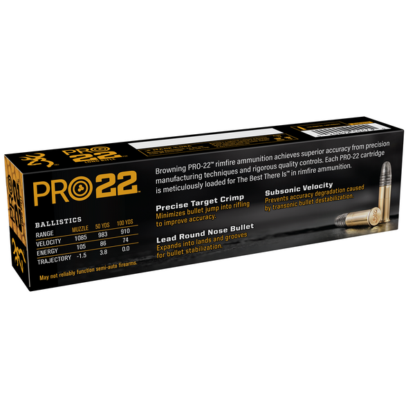 Browning PRO-22 Ammunition: 22 LR, 40 gr, Lead Round Nose, 1085 fps, Model B194122101