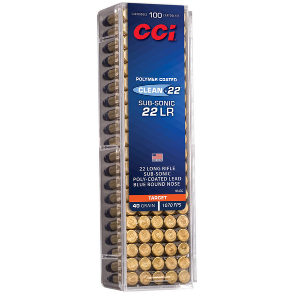 CCI Clean-22 Sub-Sonic Ammunition: 22 LR, 40 gr, Blue Poly-Coated Lead Round Nose, 1070 fps, Model 934CC