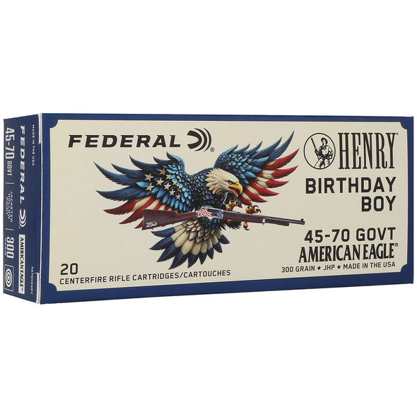 Federal Henry 250th Anniversary American Eagle Ammunition: 45-70 Gov't, 300 gr, Jacketed Hollow Point, 1850 fps, Model 4570HENRY