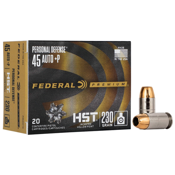 Federal Personal Defense HST Ammunition: 45 ACP, 230 gr, HST JHP, 950 fps, Model P45HST1S