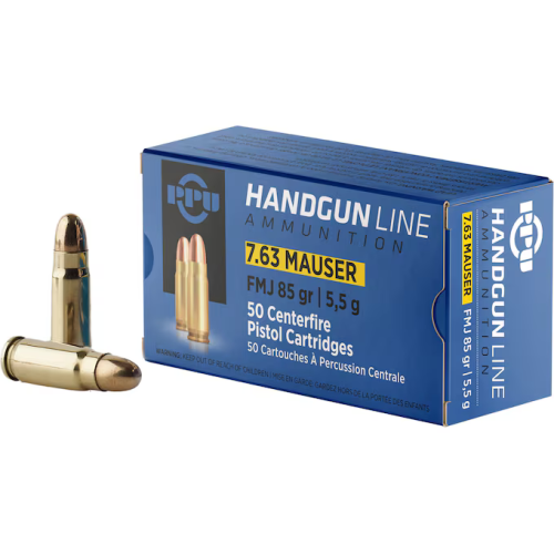 PPU (Prvi Partizan) Handgun Line Ammunition: 7.63mm Mauser, 85 gr, FMJ, 1510 fps, Model PPH763