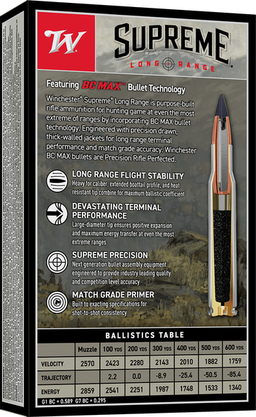 Winchester Supreme Long Range Ammunition: 30-06 Springfield, 195 Grain, BC MAX, 2570 fps