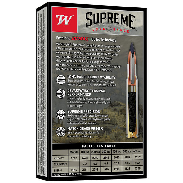 Winchester Supreme Long Range Ammunition: 30-06 Spr, 195 gr, BC MAX, 2570 fps, Model S3006BC