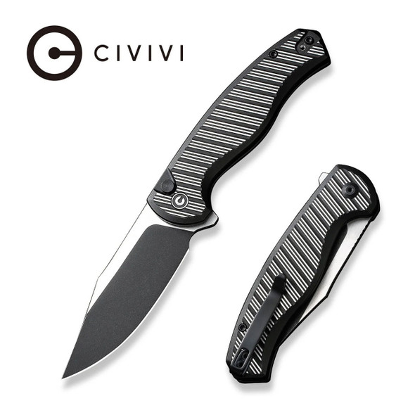 CIVIVI Stormhowl Flipper & Button Lock Knife: Milled Black Aluminum Handle / 3.3" Black Stonewashed Nitro-V Blade | C23040B-1