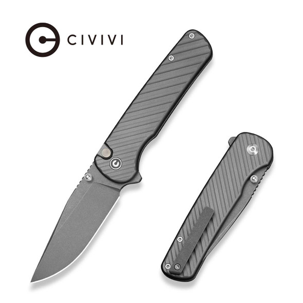 CIVIVI Iron Tide Flipper & Thumb Stud & Button Lock Knife: Gray Aluminum Handle, 3.24" Gray Stonewashed 14C28N Blade | C25011-3