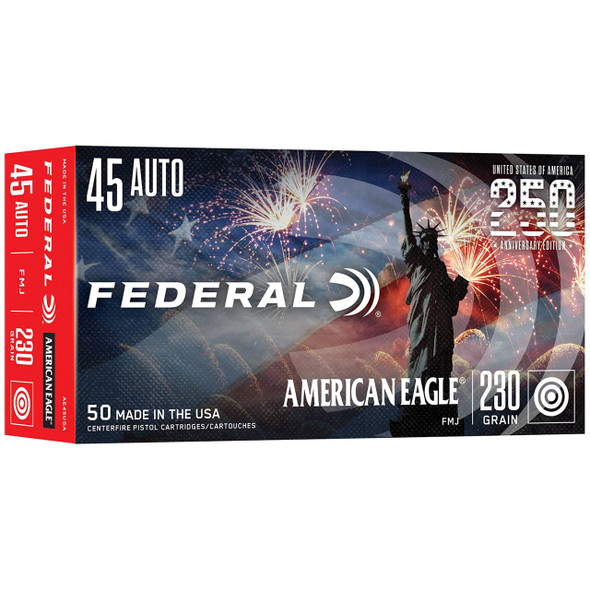 Federal 250th Anniversary USA Handgun Ammunition: 45 Auto, 230 Grain, Full Metal Jacket, 890 fps | AE45USA