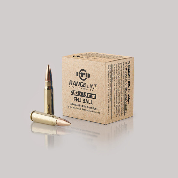PPU Range Line Ammunition: 7.62x39, 123 gr, FMJ Ball, Qty: 15 | PPR739