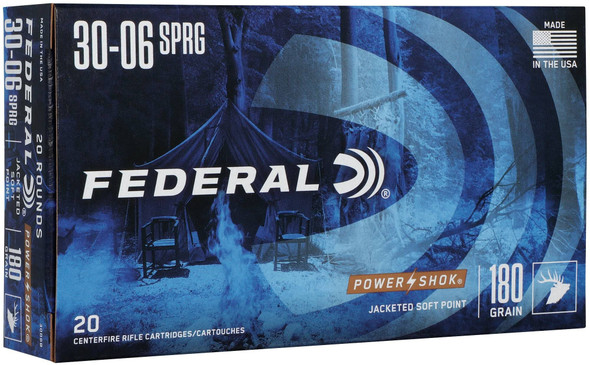 Federal Power-Shok Rifle Bulk Ammunition: 30-06 Springfield, 180 Grain, Jacketed Soft Point, 2700 fps, Qty: 200