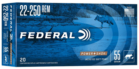 Federal Power-Shok Rifle Bulk Ammunition: 22-250 Rem, 55 Grain, Jacketed Soft Point, 3650 fps, Qty: 200 | 22250A — The Shooting Centre