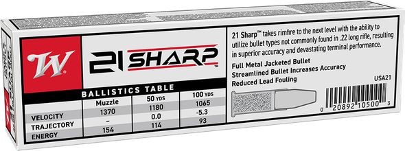 Winchester USA White Box Bulk Ammunition: 21 Sharp, 37 Grain, Full Metal Jacket, 1370 fps