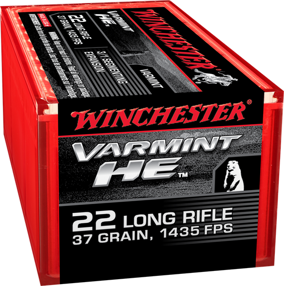 Winchester Varmint HE Ammunition: 22 Long Rifle, 37 Grain, 3-1 Segmenting Expansion, 1400 fps