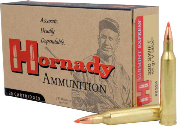 Hornady Varmint Express Ammunition: 220 Swift, 55 Grain, V-MAX, 3680 fps