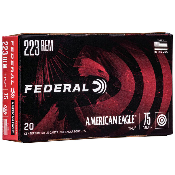 Federal American Eagle Rifle Ammunition: 223 Rem, 75 gr, TMJ, 2775 fps, Model AE223T75