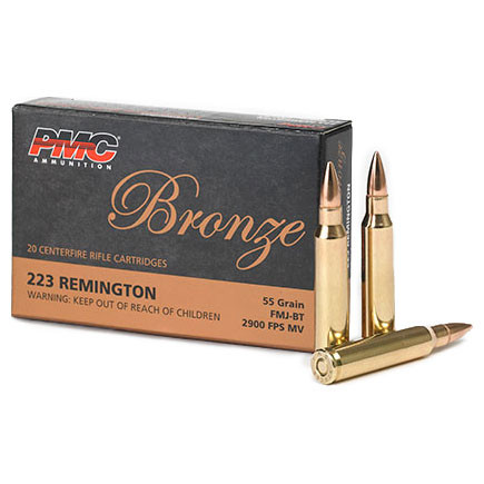 PMC Bronze Ammunition: 223 Rem, 55 gr, FMJ-BT, 3200 fps, Model 223A