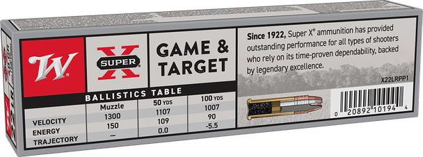 Winchester Super-X Ammunition: 22 Long Rifle, 40 Grain, Power-Point HP Copper Plated, 1300 fps