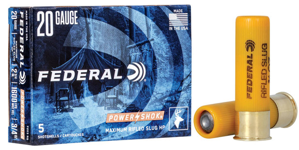 Federal Power-Shok Rifled Slug Ammunition: 20 Gauge, 328 Grain, 2-3/4 in, 1600 fps, Qty: 5