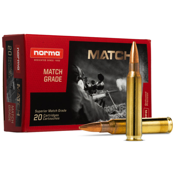 Norma Match Grade Ammunition: 223 Rem, 77 gr, Sierra MatchKing HPBT, 2790 fps, Model 10157502